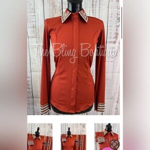 The Bling Boutique Women's Rust Top with Embellished Cuffs and Collar
